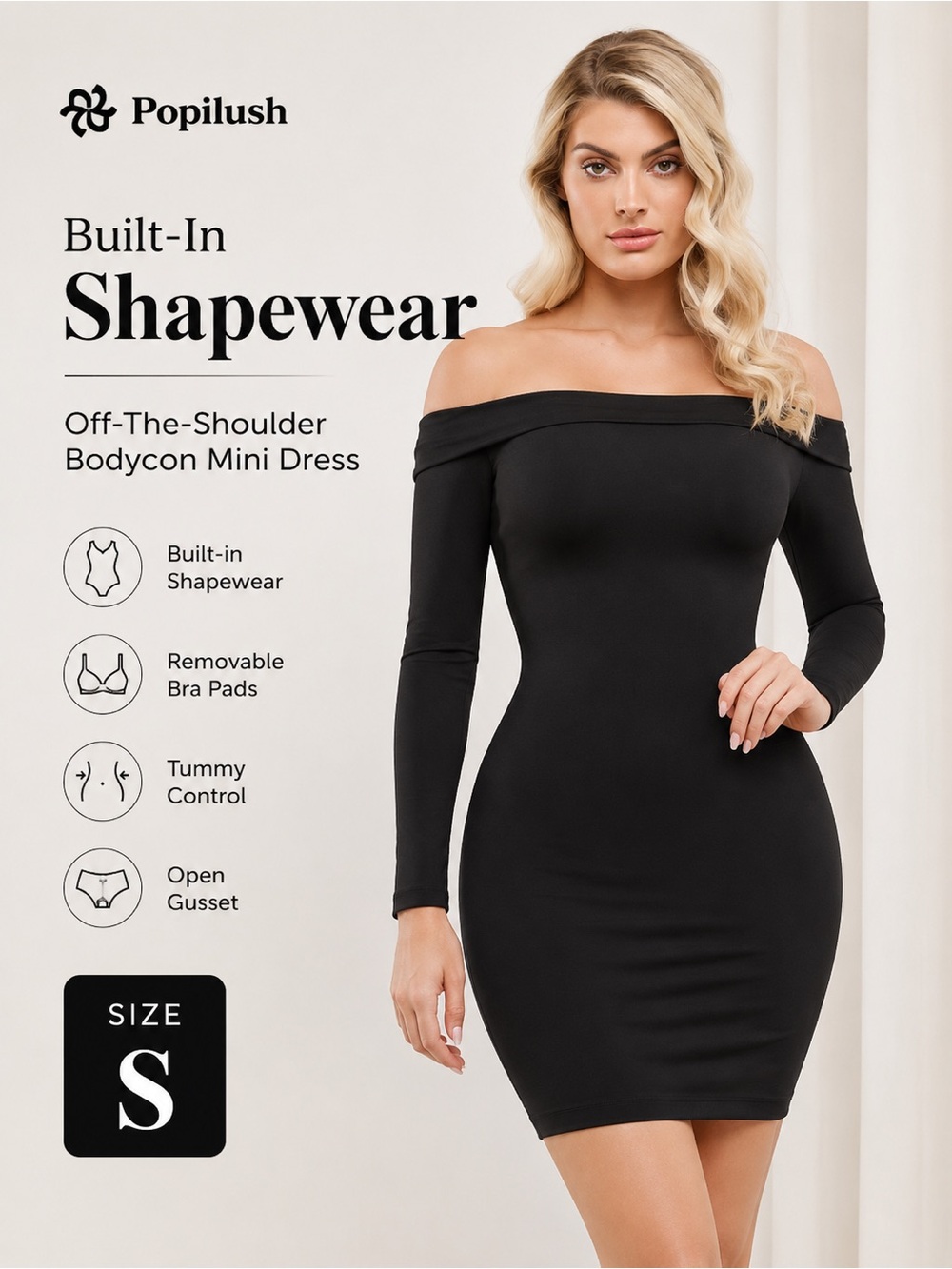 Popilush Built-In Shapewear Off-the-Shoulder‎ Bodycon Mini Dress NWT Size S